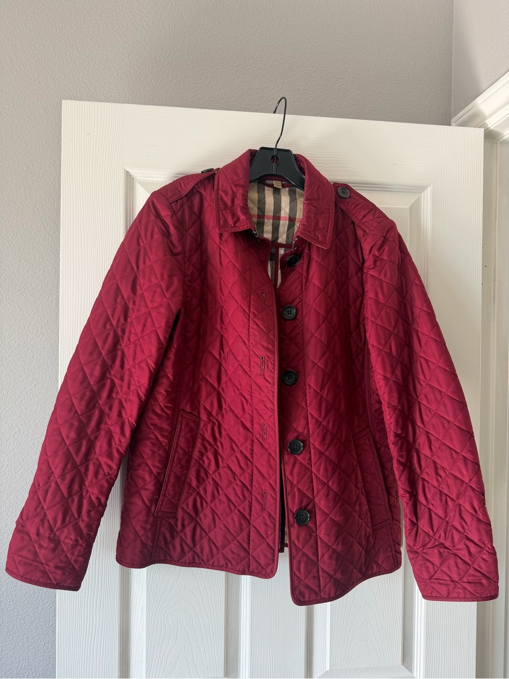 Burberry Quilted Burgundy Red women's Puffer Jacket with Check Trim - Picture 11 of 13